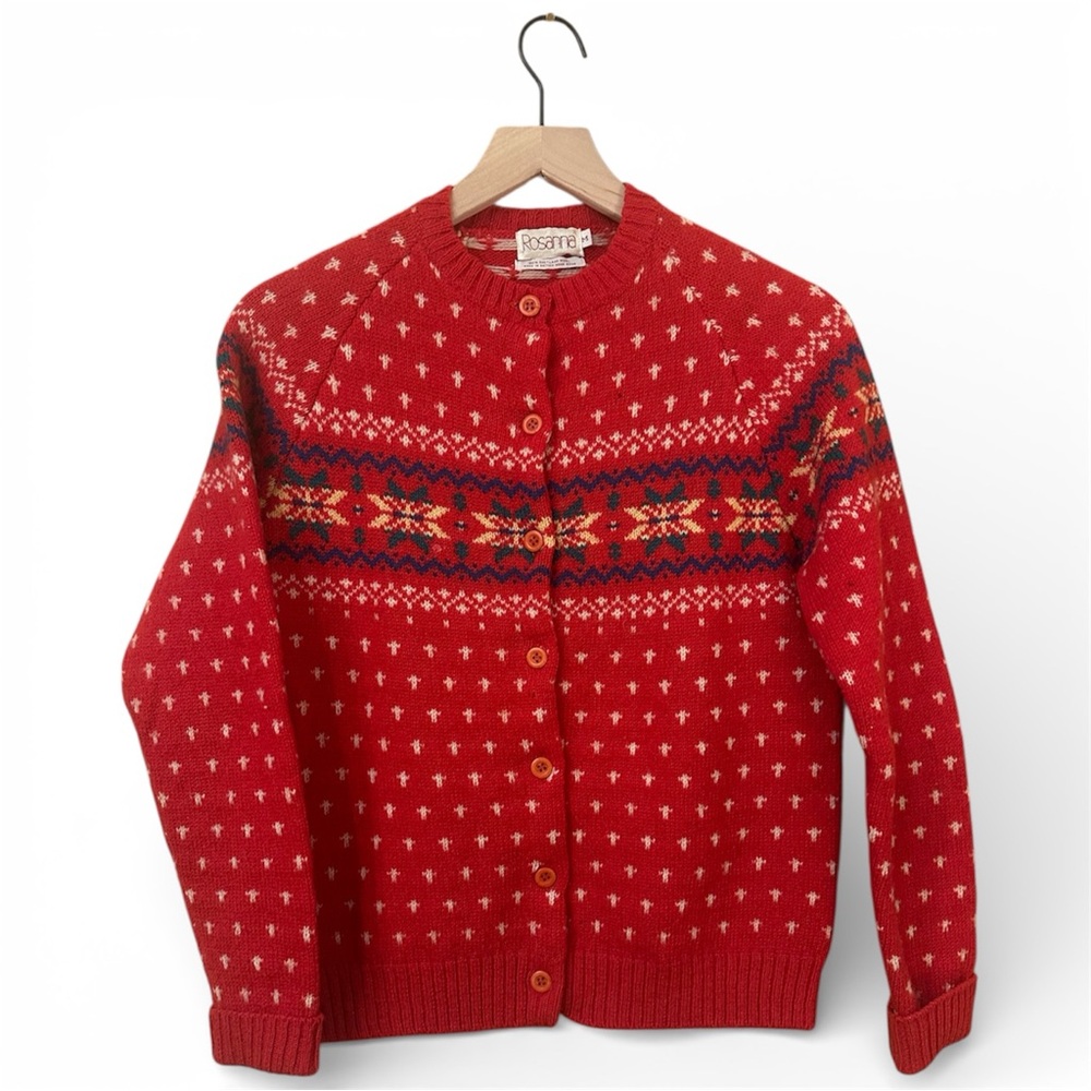 Vintage Rosanna Women's Red Fair Isle Wool Cardigan Sweater- M- Cabin Cozy Ski